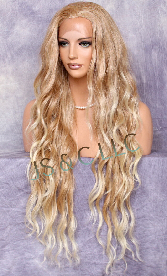 Human Hair Blend HEAT OK Blonde mix Lace Front Wig Wavy long 37″ JSTA T27/613