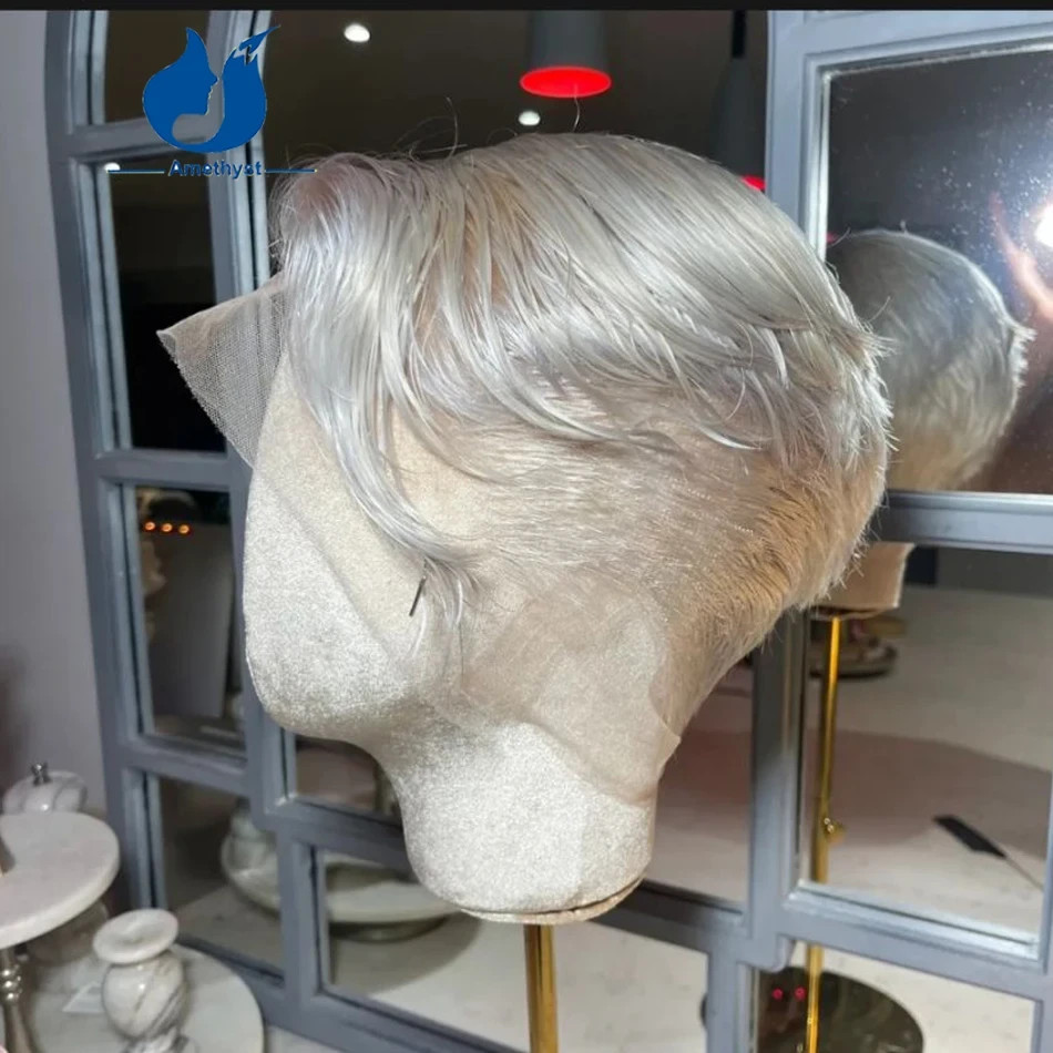 White Platinum Blonde Short Pixie Cut Male Wig Human Hair Full Lace Wig For Men
