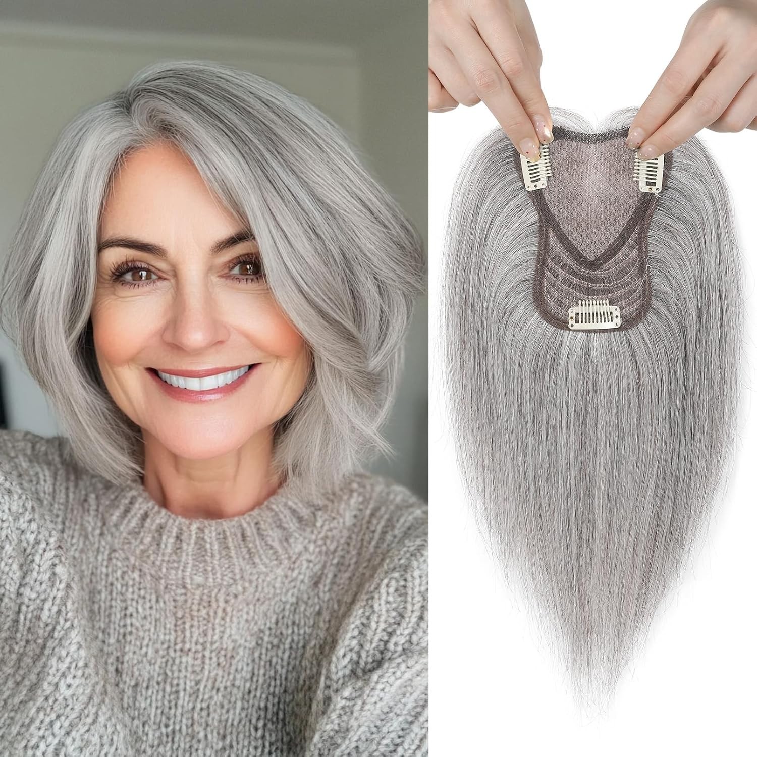 Dark Gray Black Mixed 100% Human 10in Women Hair Topper
