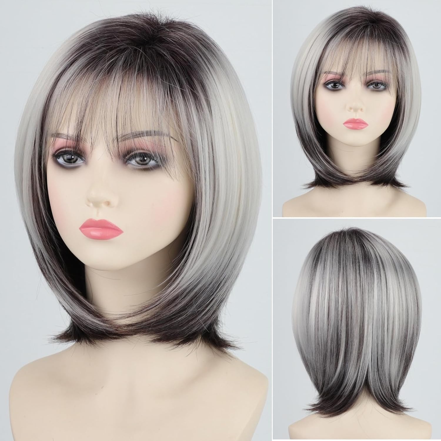 14″ Platinum with Brown Straight Bob Wig for Women Daily 167E418560