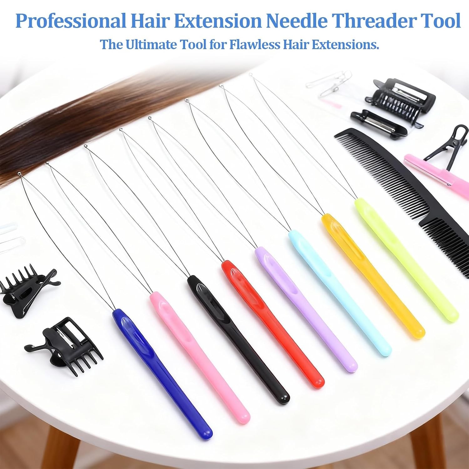20 Pack Hair Extension Loop Needle Threader Tool, 8 Colors Pulling Hook and Bead