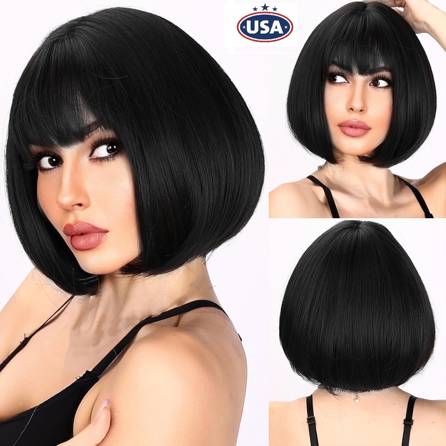 13″ Black Bob Wig with Bangs Short Bob Wigs Women Short Black Wig Heat Daily USA