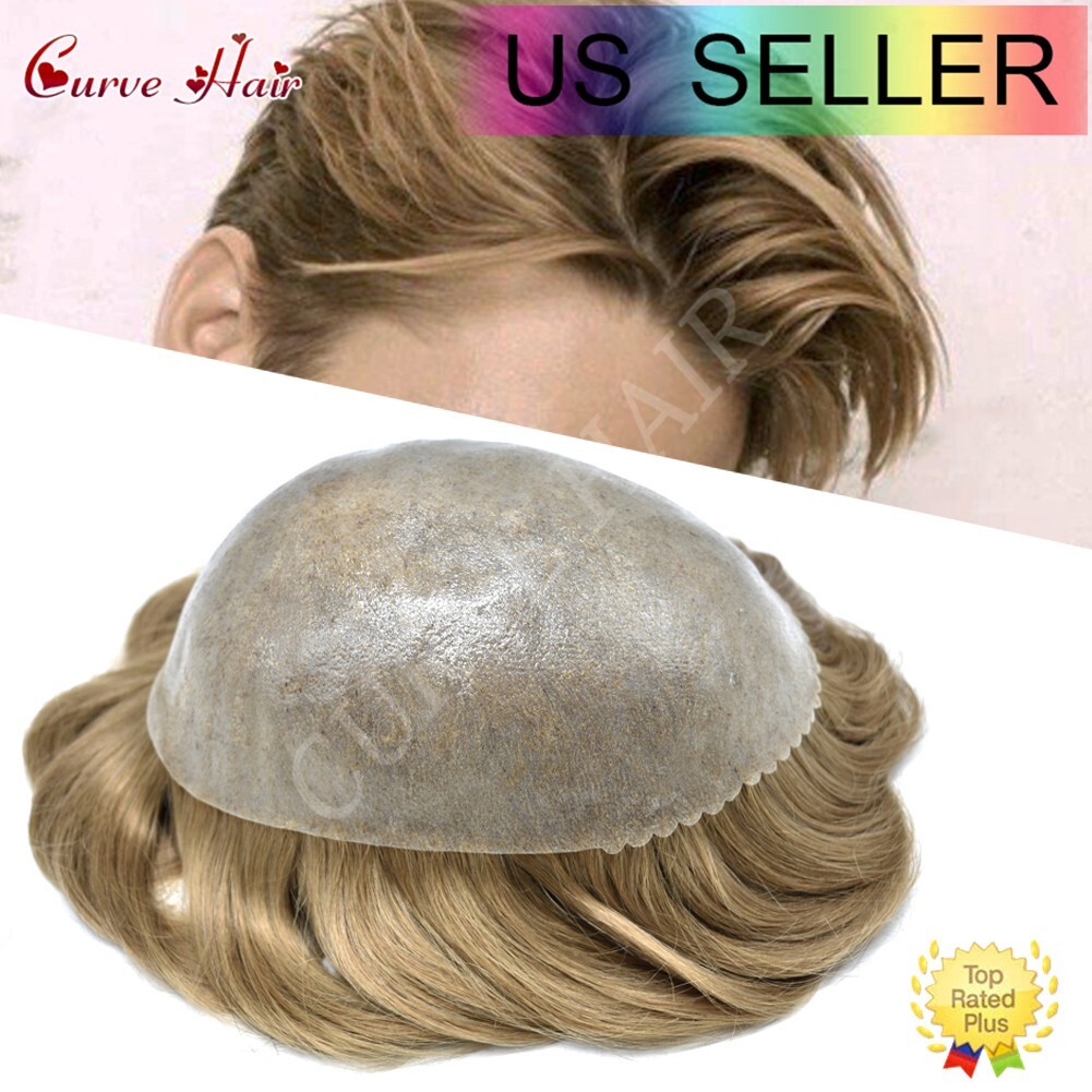 Mens Toupee Human Hair Systems Full Poly Thin Skin Hair Piece Replacement System