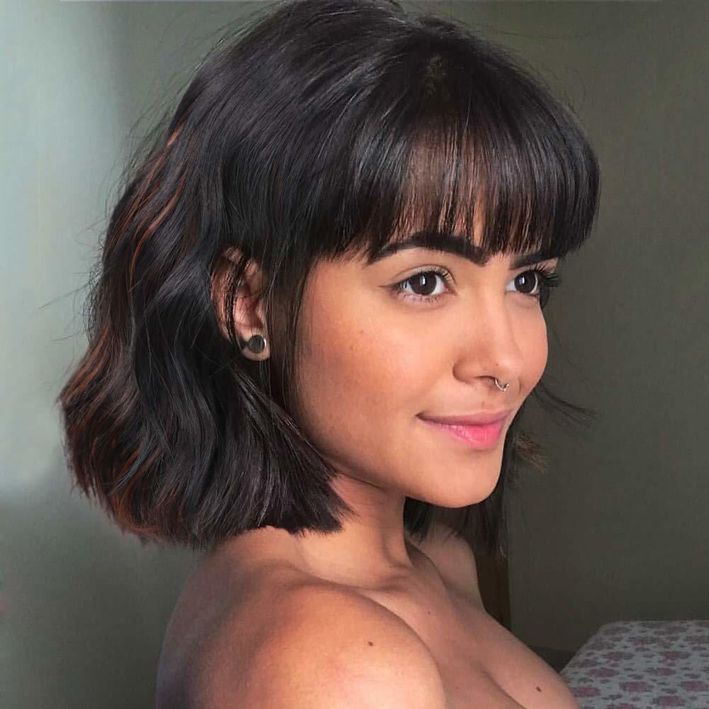 Wavy Wigs with Bangs for Women Black Mixed Brown Short Bob Curly Wig
