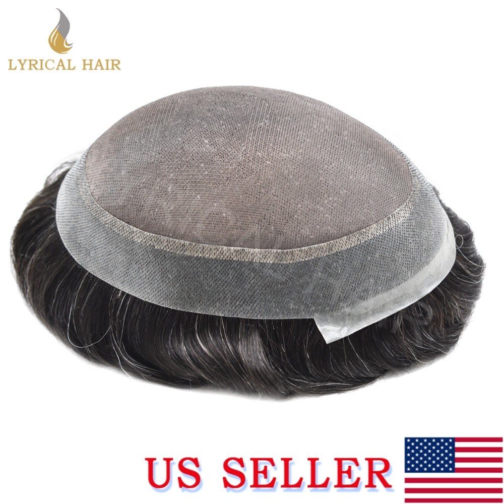 LYRICAL HAIR Mens Toupee Fine Mono Lace Human Hairpiece Skin PU Monofilament Wig