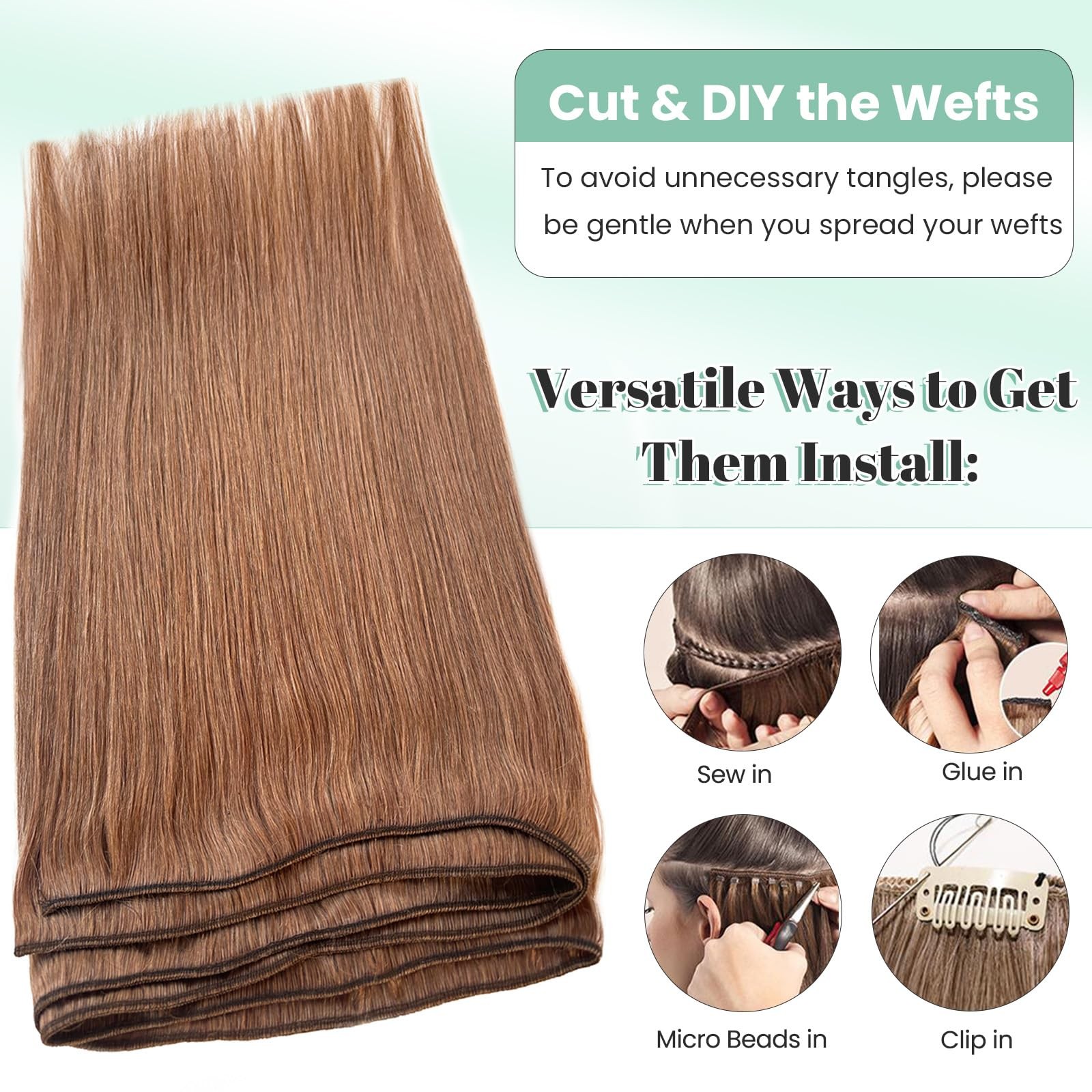 Licoville Auburn Brown Weft Hair Extensions Bundles 16 Inch 100G Hand Tied Hair