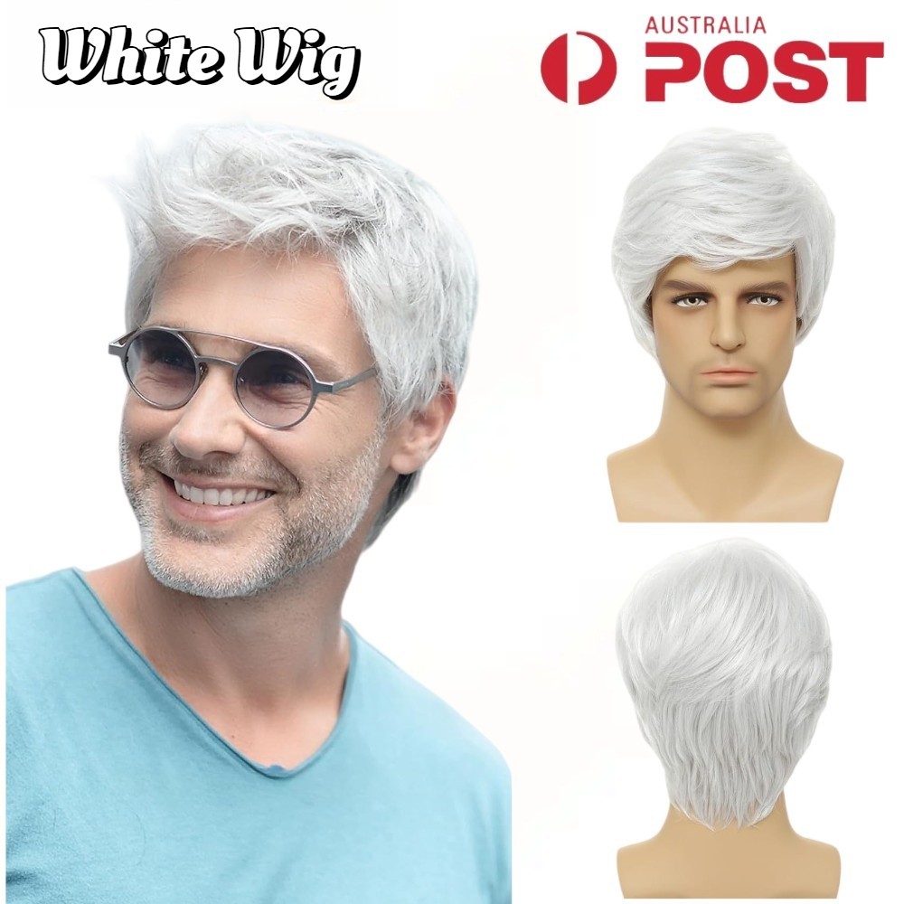 Men White Wig Layered Short Beanie Hairpiece Full Hair Universal Cosplay Wigs AU