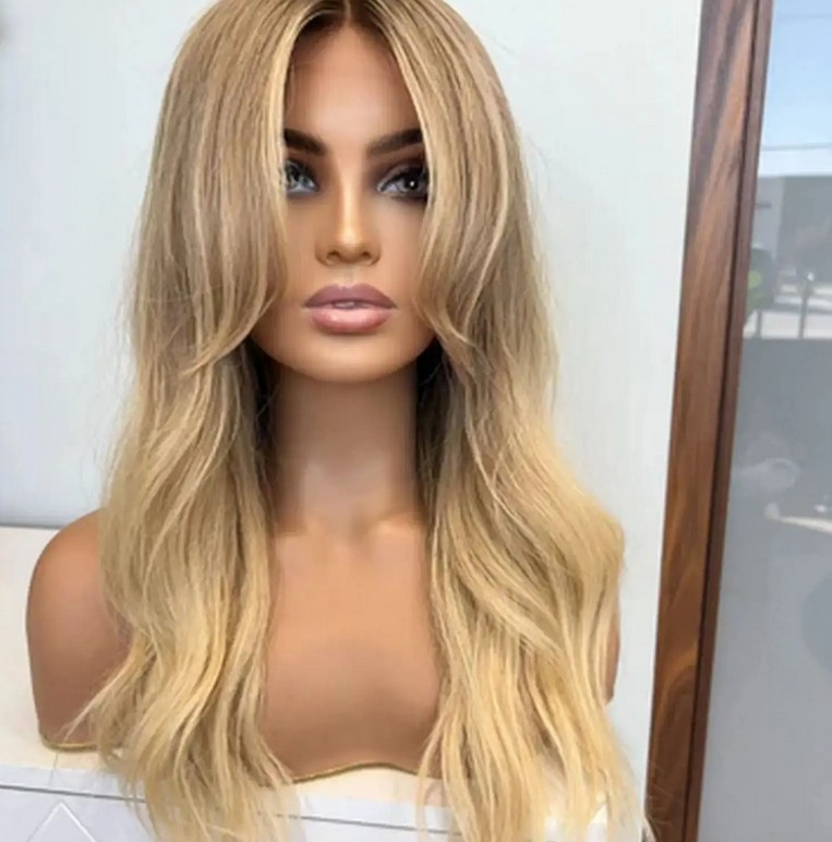 24 Inches Ombre Ash Blonde Shadow Roots Highlight Lace Front 100% Human Hair Wig