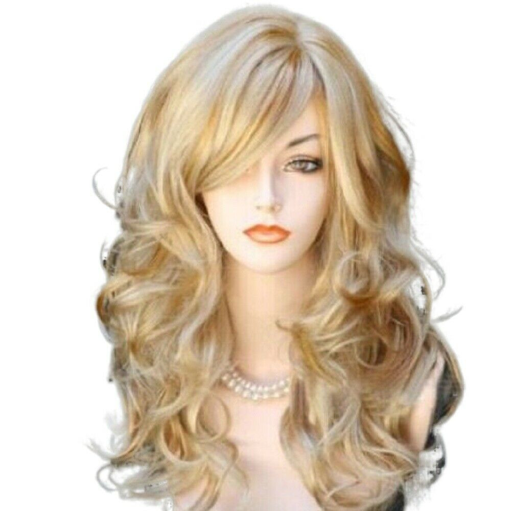 Long Natural Wavy Ombre Brown Blonde Wigs with Bangs for Women Daily Use Hair US