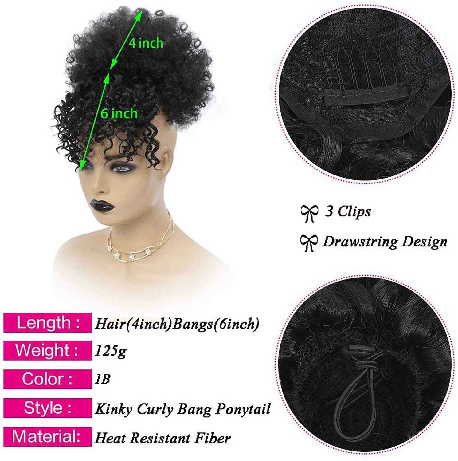 Puff Drawstring Ponytail w/Bangs Kinky Curly Hair Clip in Bangs Short Ponytail