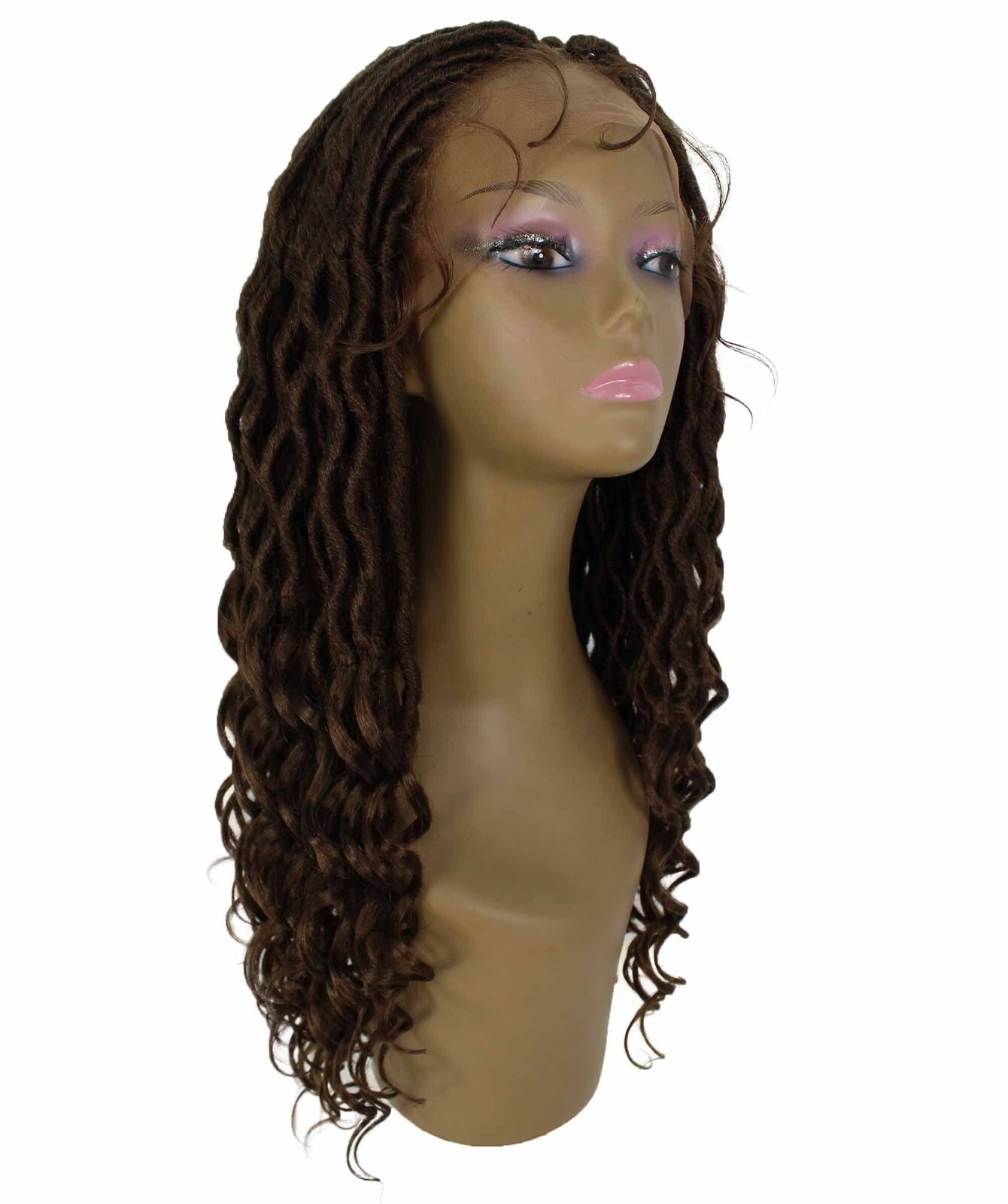 LUXLUXE Andrea 4×4 Curly Long 4X4 Hand Tied Lace Braid Mahogany Brown Wig
