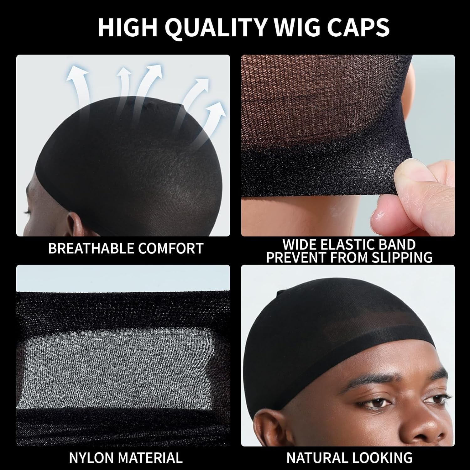 Fandamei Wig Cap for Men, 4PCS Black Hair Stocking Cap, Nylon Wig Caps Black, Ha
