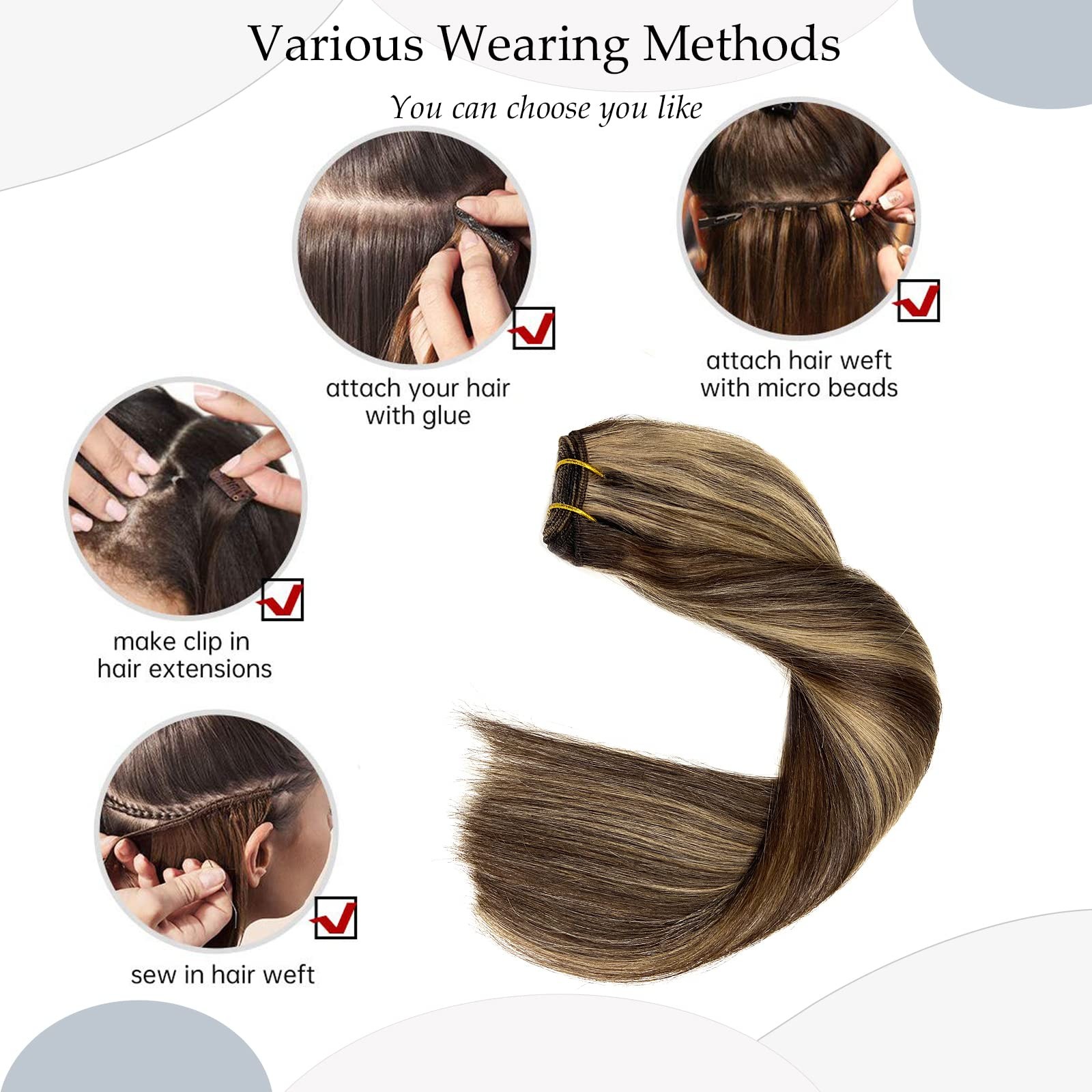 Sew in Hair Extensions Real Human Hair Wefts Dark Brown Balayage Ash Brown Highl
