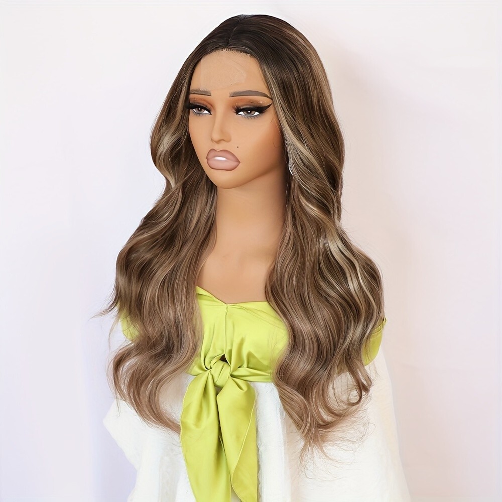 Brown Blonde Ombre Hair Heat Resistant Synthetic No Lace Wigs Full Bangs Women