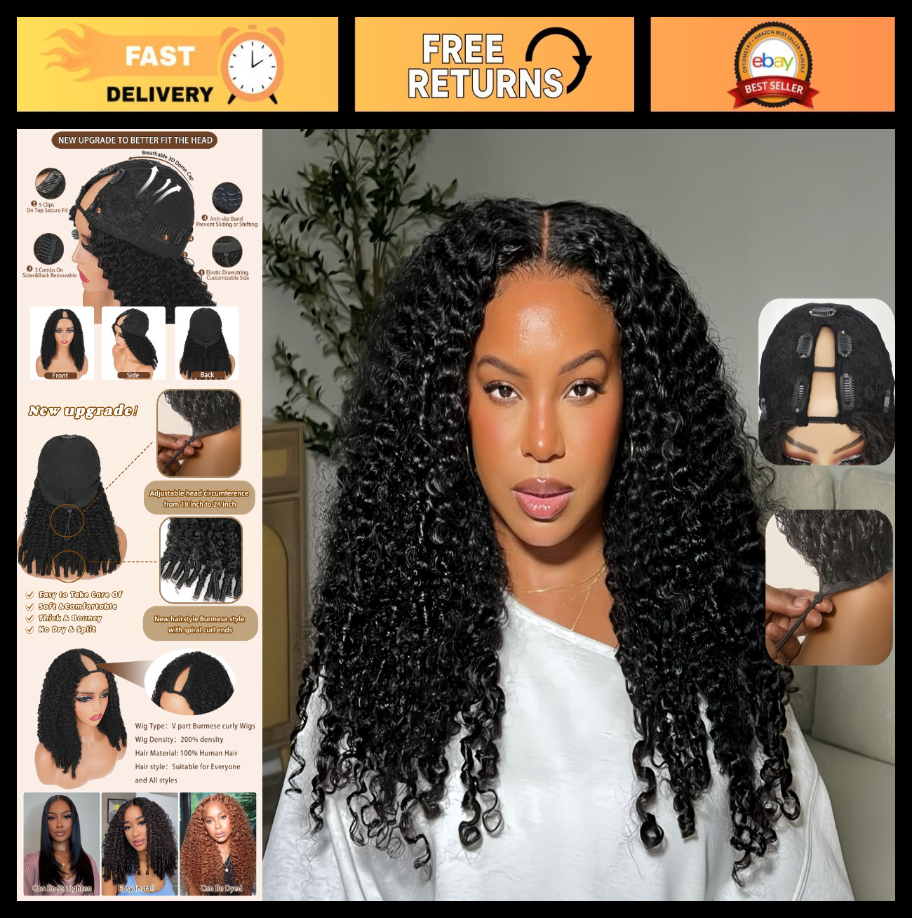 30 Inch V Part Curly Human Hair Wig – 200% Density, Glueless, Clip-In, No Leave