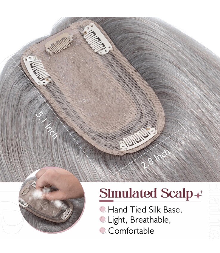 14in Topper For Thinning Hair 5.1×2.8″ Silk Base Clip in Remy Hairpiece Grey Cl3