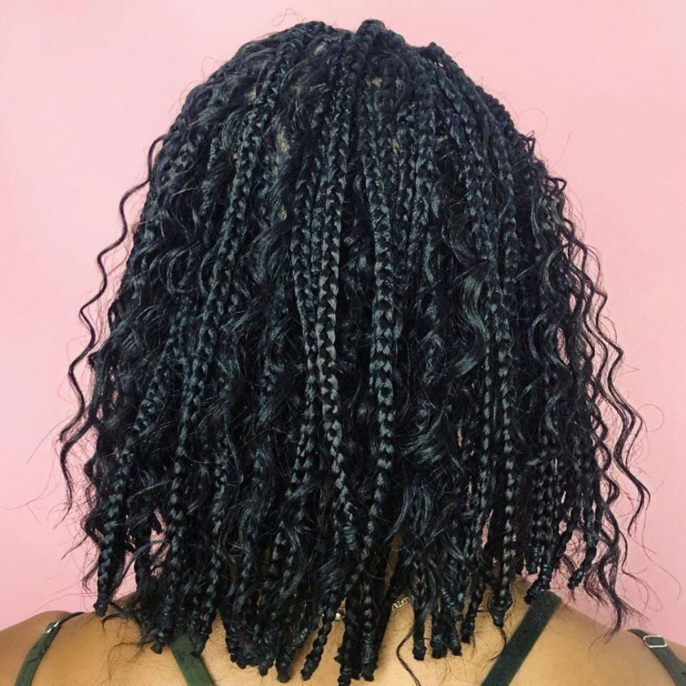 New Goddess Boho Braided Wigs for Black Women Bob Box Braids Wig with Curly Ends