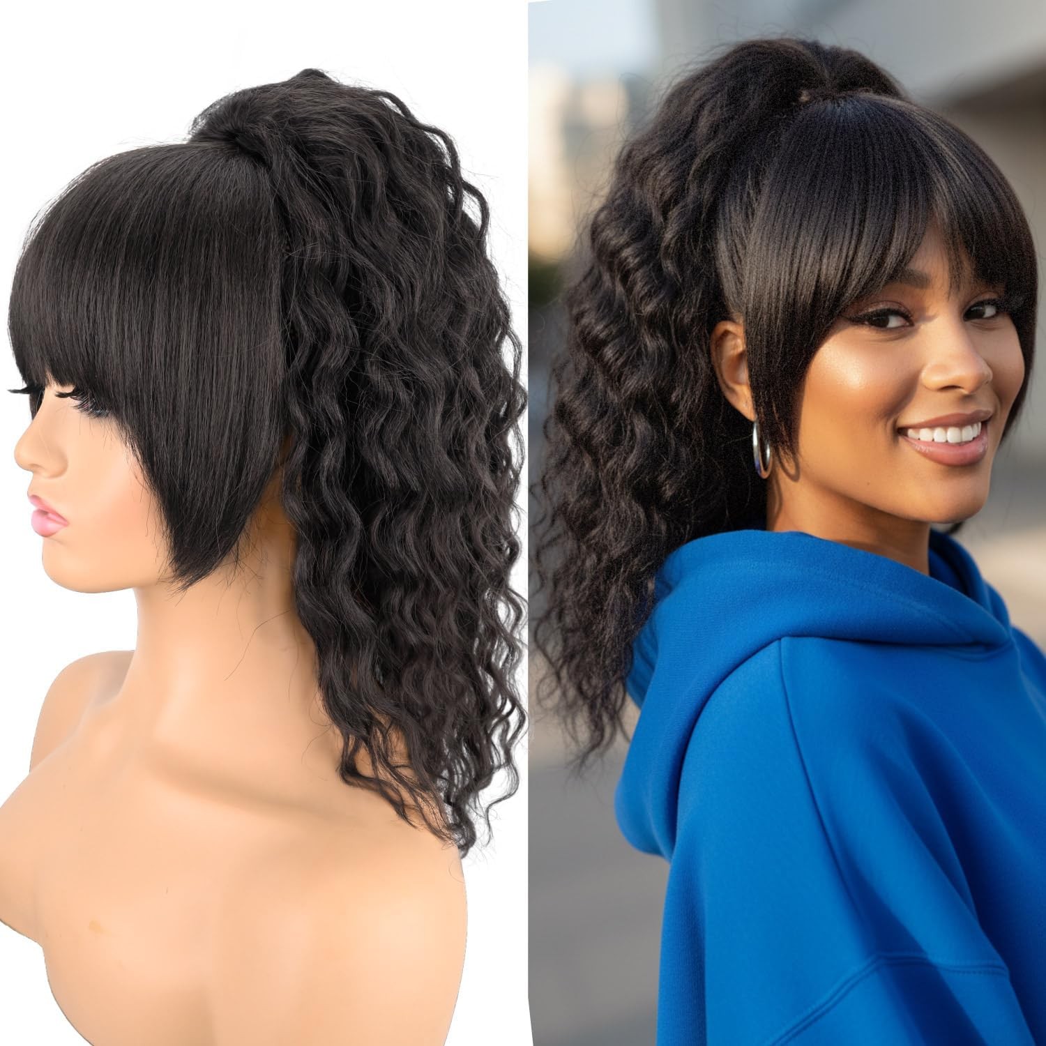 Ponytail Extension with Bangs 20 Inch Yaki Curly Drawstring – Versatile