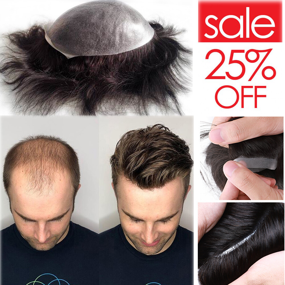 SALE Mens Toupee Repalcement System Micro Thin Skin Wig Full PU Human Hair Black