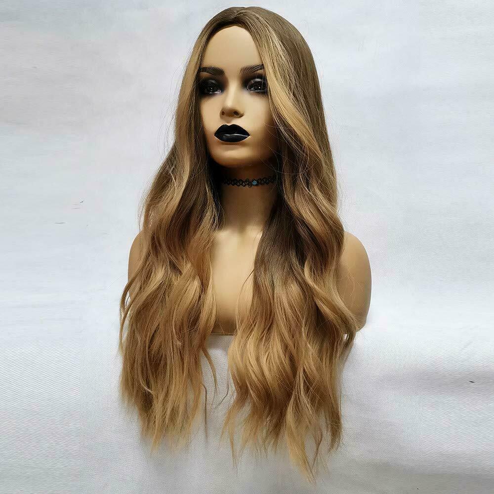 Women Lady Dark Brown Gold Ombre Long Wavy Curly Blonde Wig Synthetic Hair