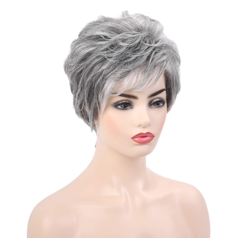 Short Grey Human Hair Wigs for Women Blend Pixie Cut Wig With Bang,Natural Da…