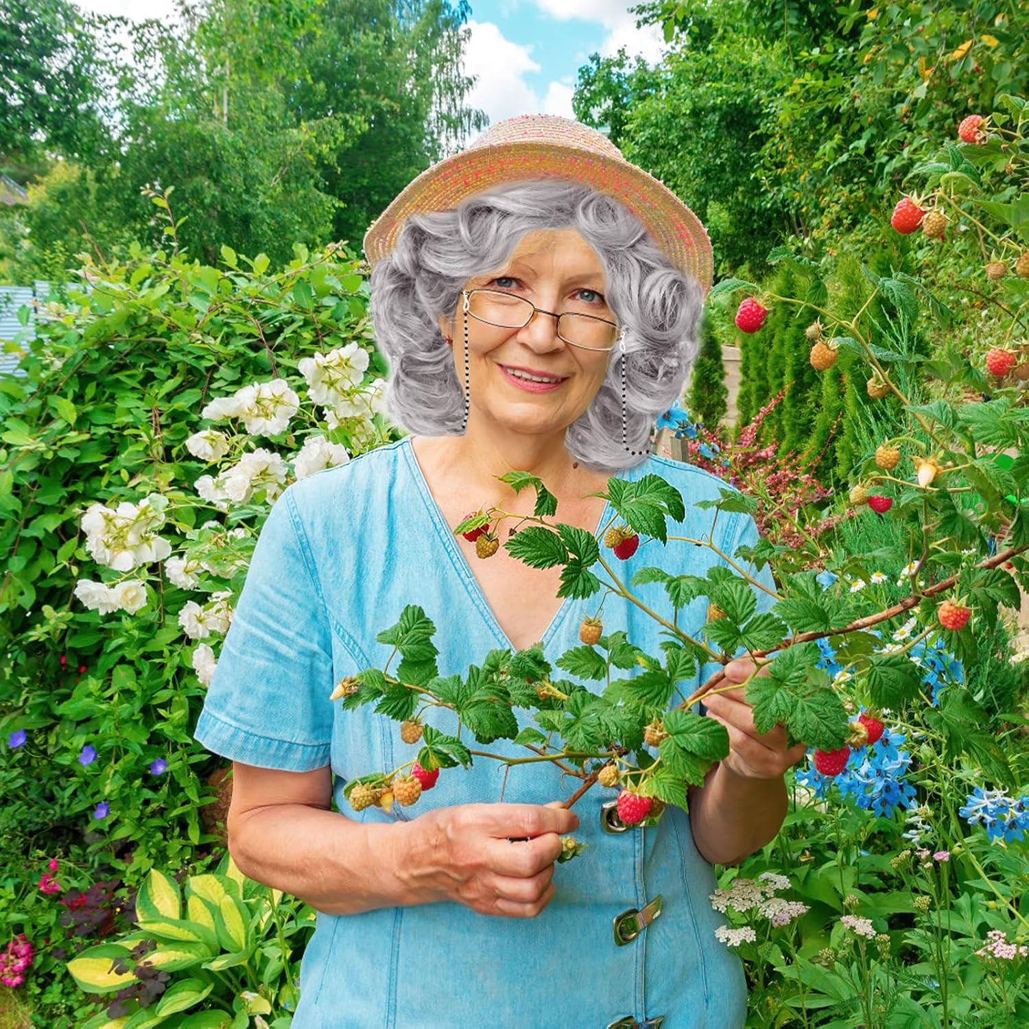 5 Pcs Old Lady Wig and Accessories,Grey Grandma Wigs,Old Lady Wig Costume Set fo