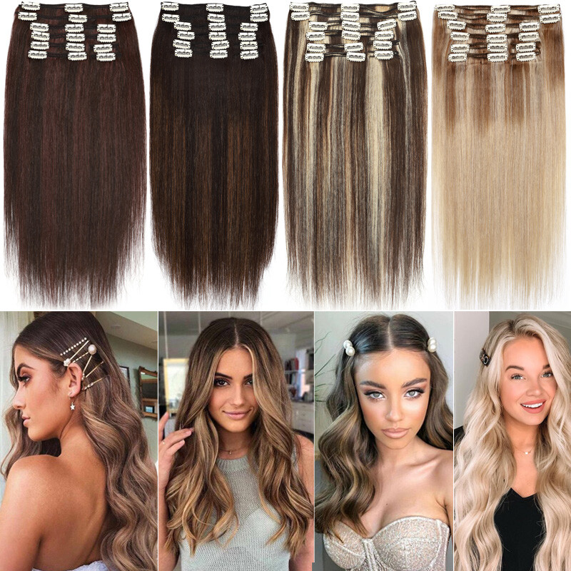 170g+ Wavy Straight Thick Double Weft Clip In Remy Human Hair Extensions Real US