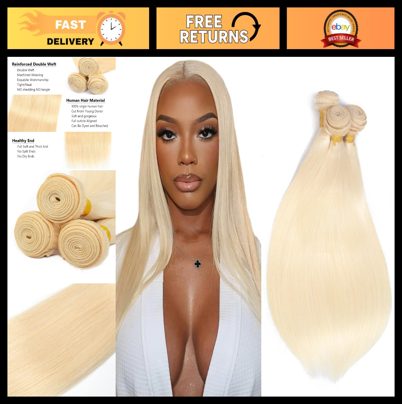 Blonde Straight Hair Extensions 24″ 26″ 28″ 8A Remy Human Hair Bundles 330g