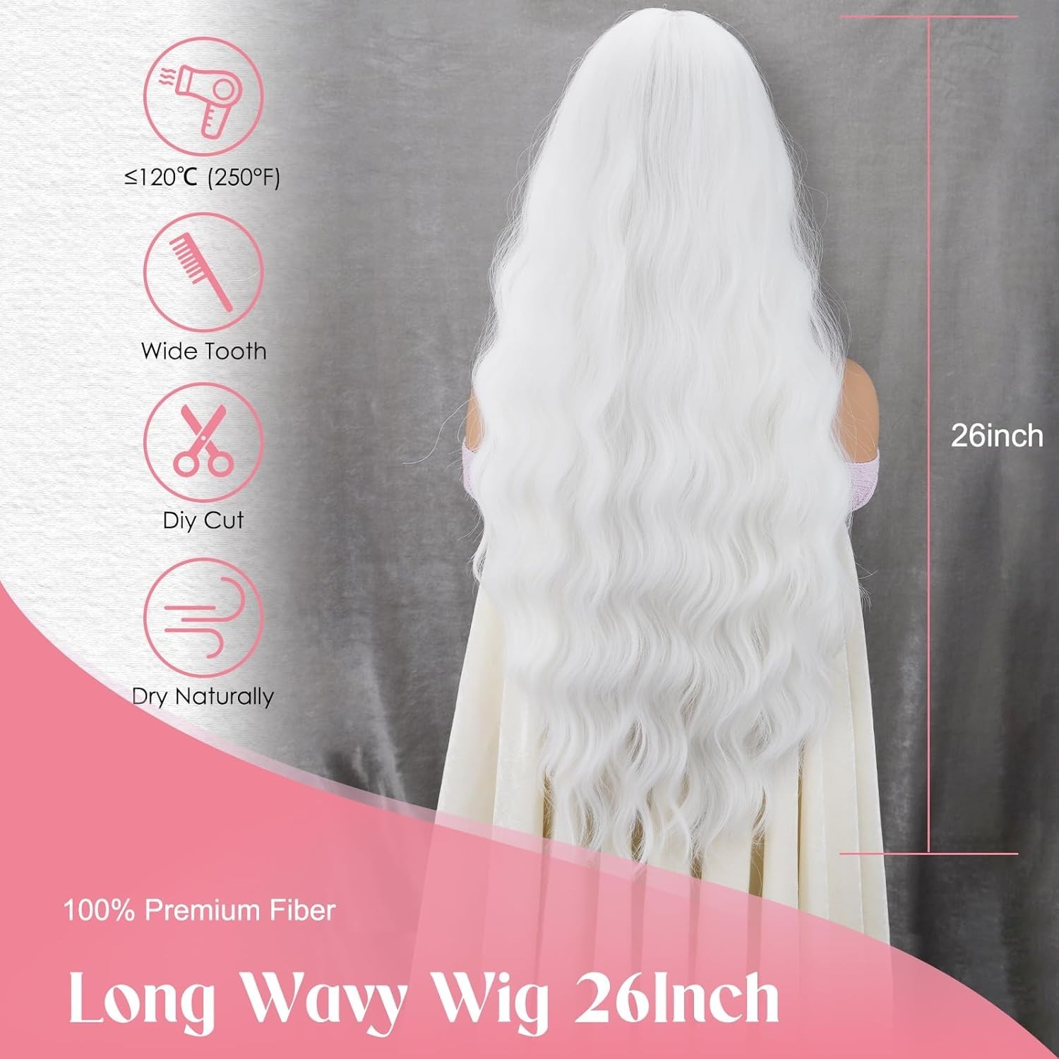 26-Inch Long White Heat-Resistant Wig with Bangs – Ideal for Everyday Wear