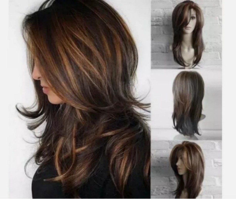 Women Dark Brown w/Gold Highlight Ombre Shoulder Length Curly Hair Wig-&##