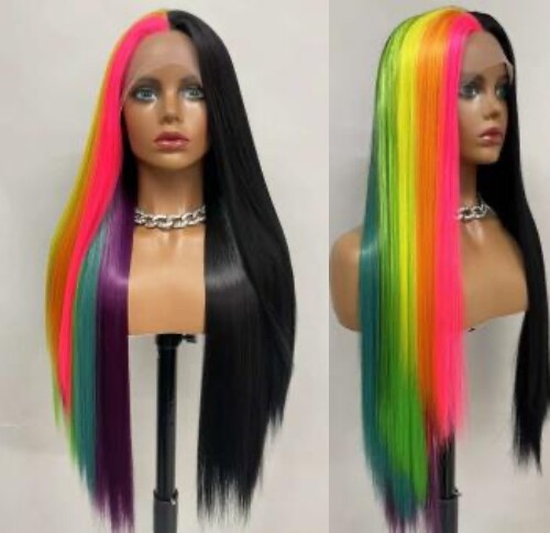 Half Black Half Rainbow Lace Front Wig 24 Inch Long Straight Synthetic Hair Wig