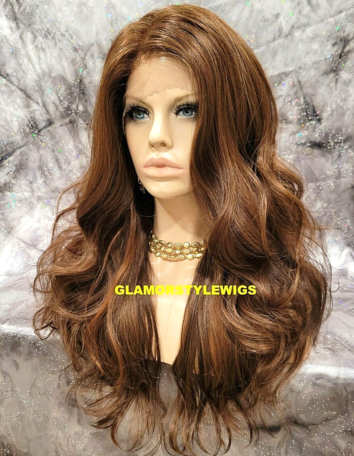 FREE PART LACE FRONT FULL WIG LONG LAYERED WAVY BROWN AUBURN MIX HEAT OK NWT