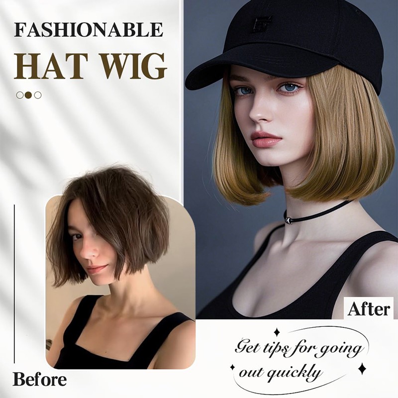 8 In Hat Wig With Hair Attached For Women Black White Brown Baseball Beanie Cap
