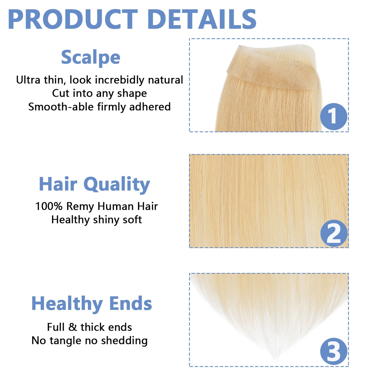 100% Human Hair Replacement System Thin PU Skin Toupee Wig Hairpiece Women Men M