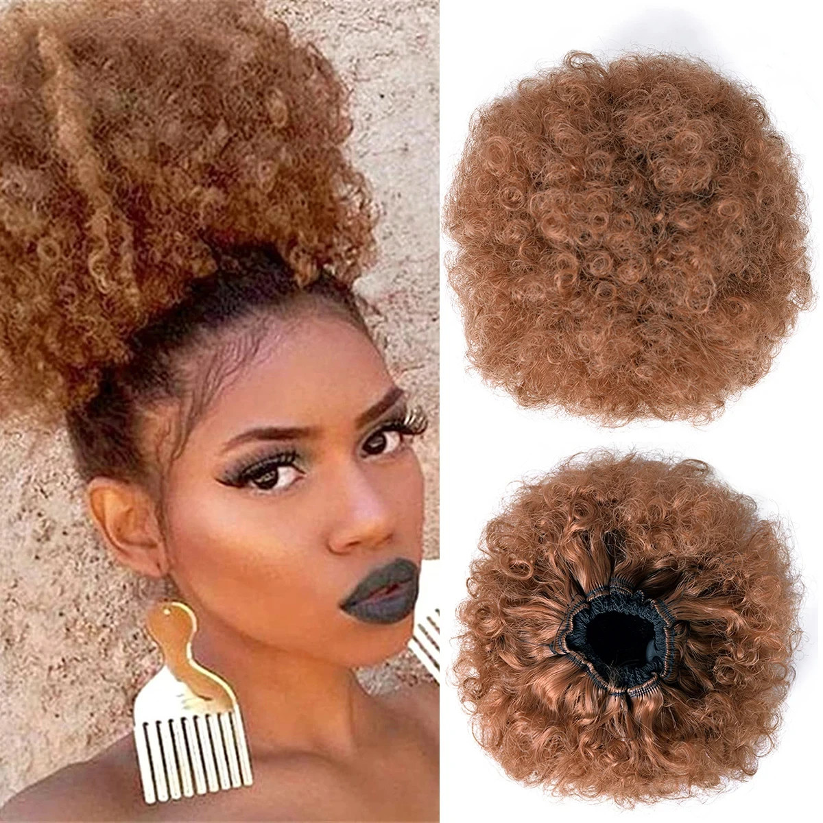 Ombre Blonde Large Curly Synthetic Messy Hair Bun Elastic Drawstring Ponytail