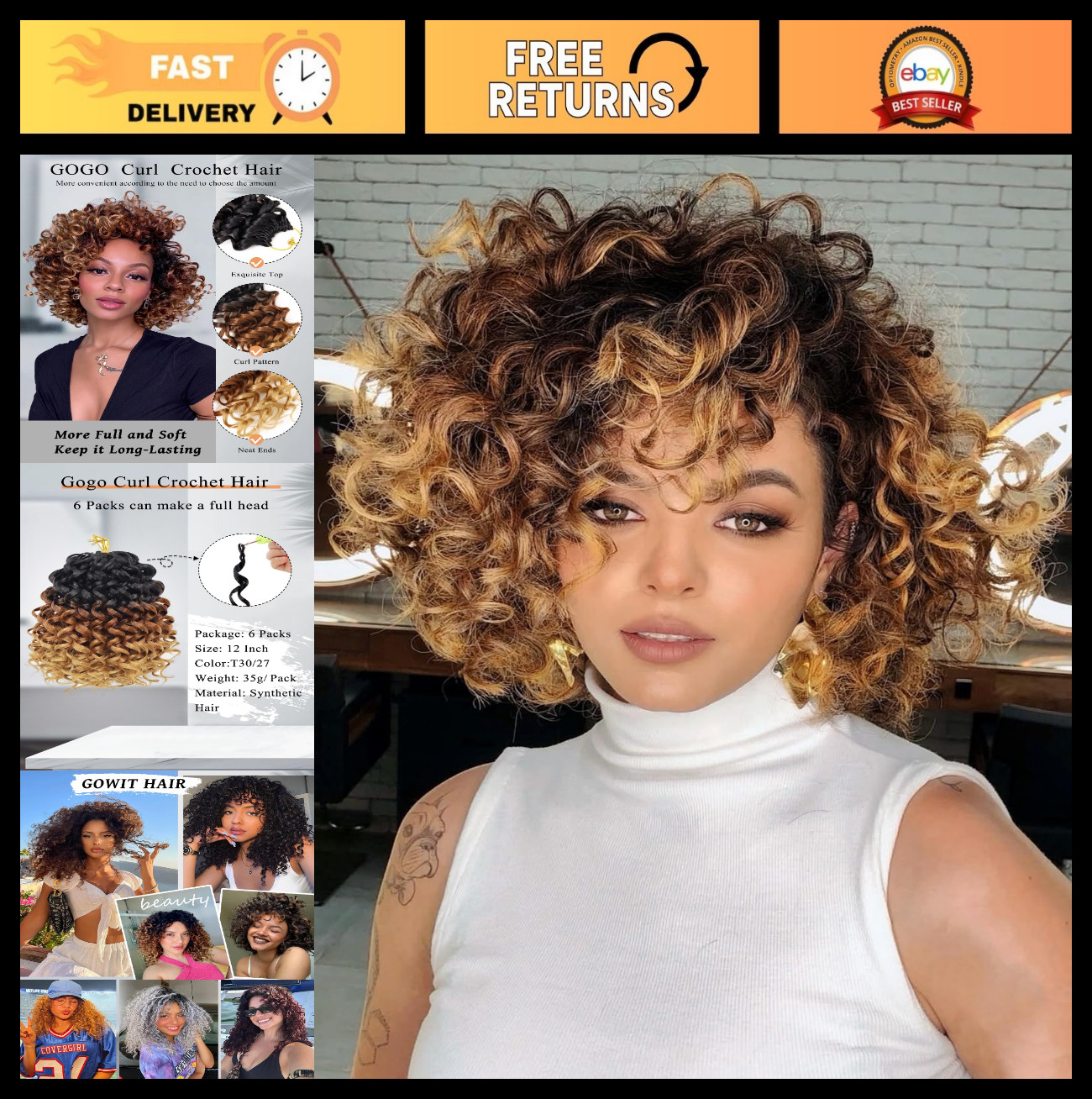 Short Curly Crochet Hair 8 Inch 6 Packs Ombre Brown Blonde Ocean Wave Braids