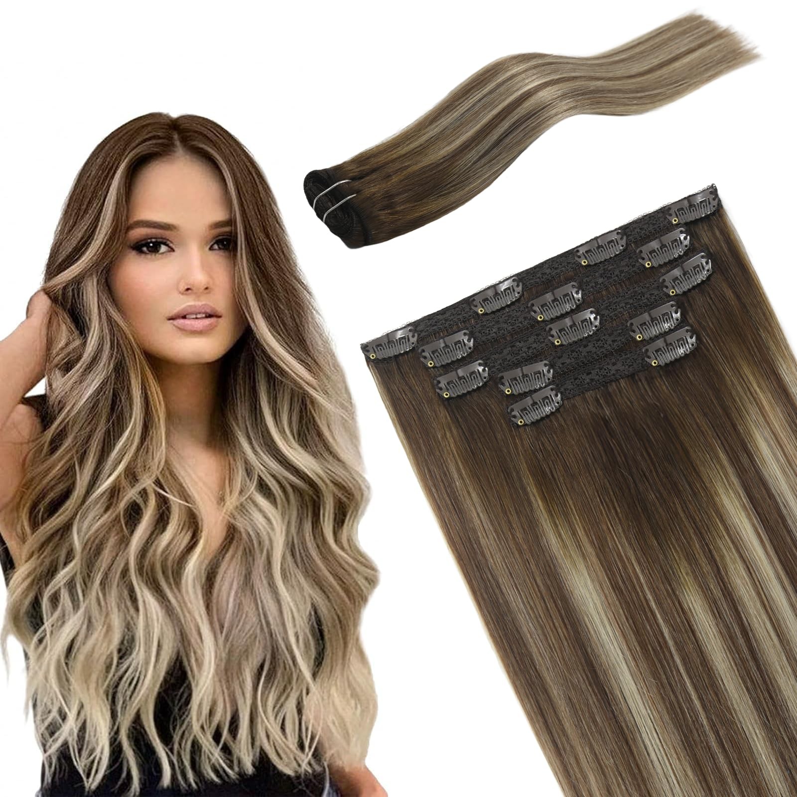Lace Clip In Extensions Real Human Hair Balayage Walnut Brown to Ash Brown Mi…