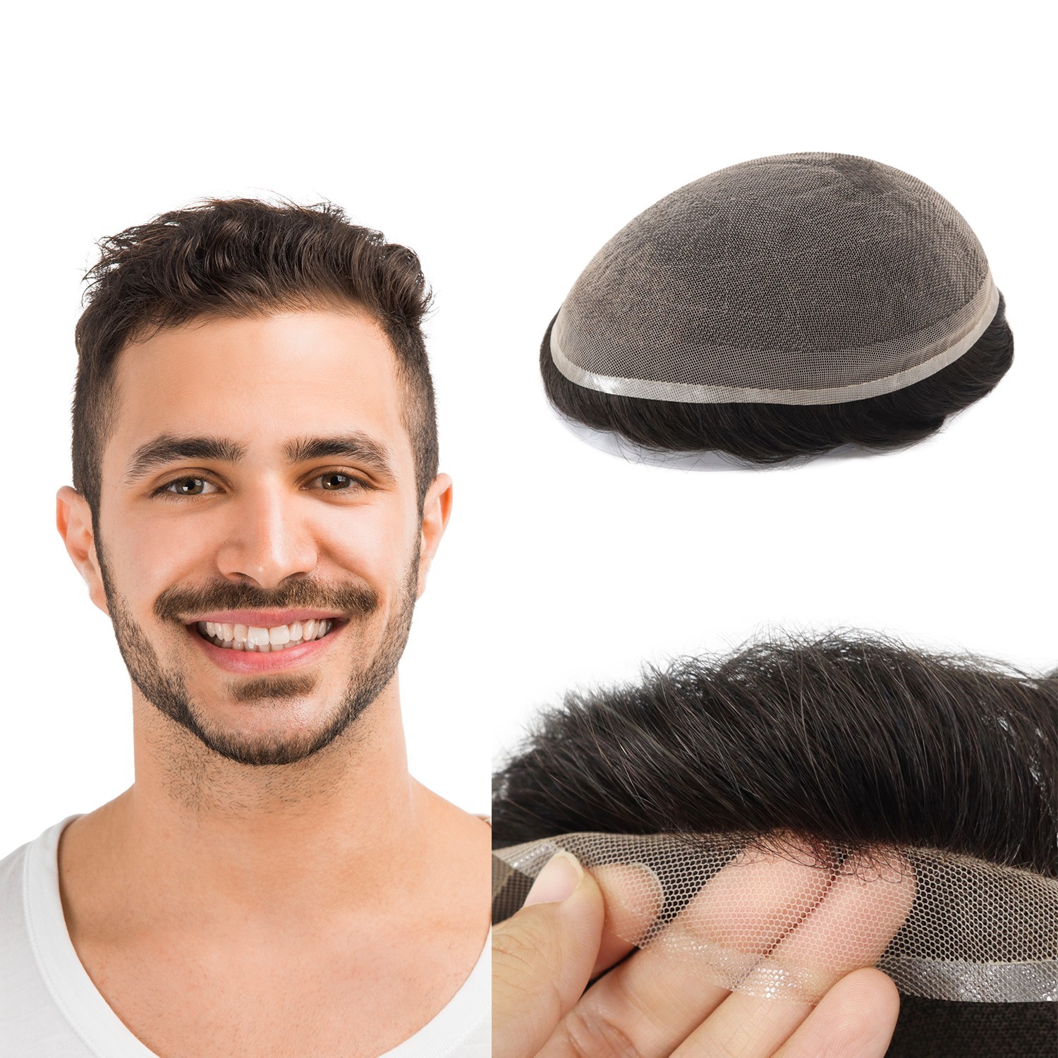 Toupee For Mens Full Lace Human Hair Replecement System Hairpieces Black 7X9#1B