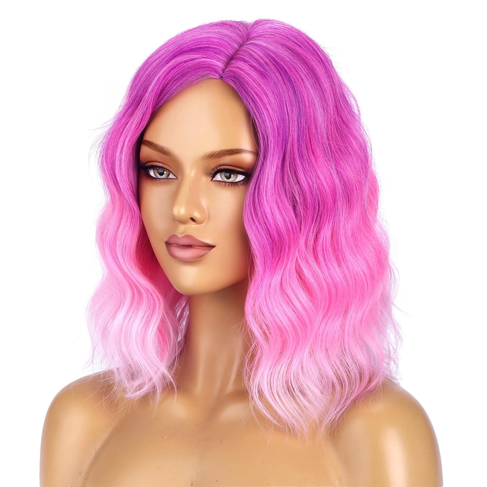 Rose Pink Wigs for Women Short Curly Wavy Wig Girls Middle Part Ombre Pink Pu…