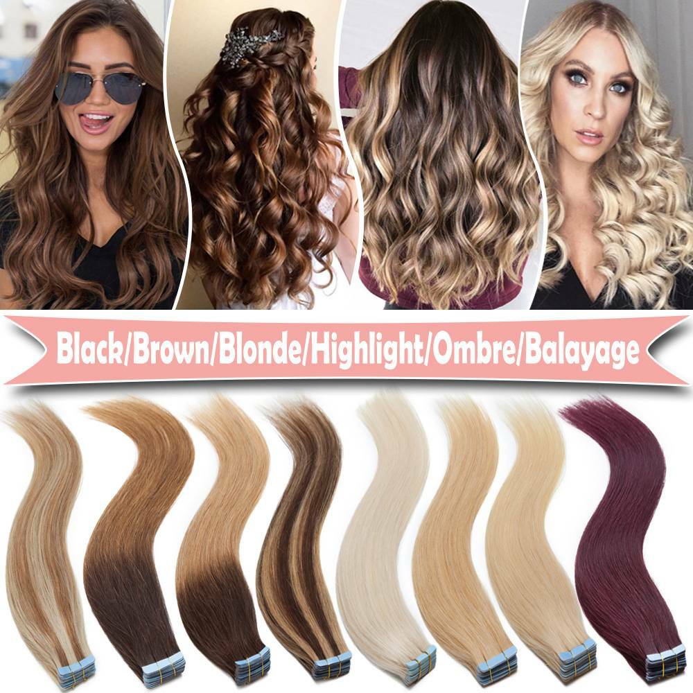 Tape Hair Extensions 100% Russian Remy Human Hair Full Head THICK 20/40/60pcs US