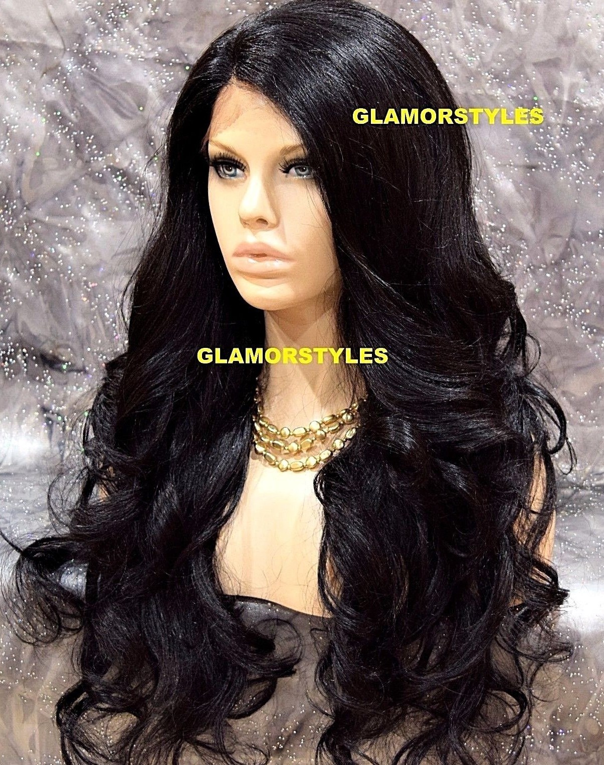 LACE FRONT FULL WIG LONG WAVY LAYERED SIDE PART OFF BLACK #1B HEAT OK NWT
