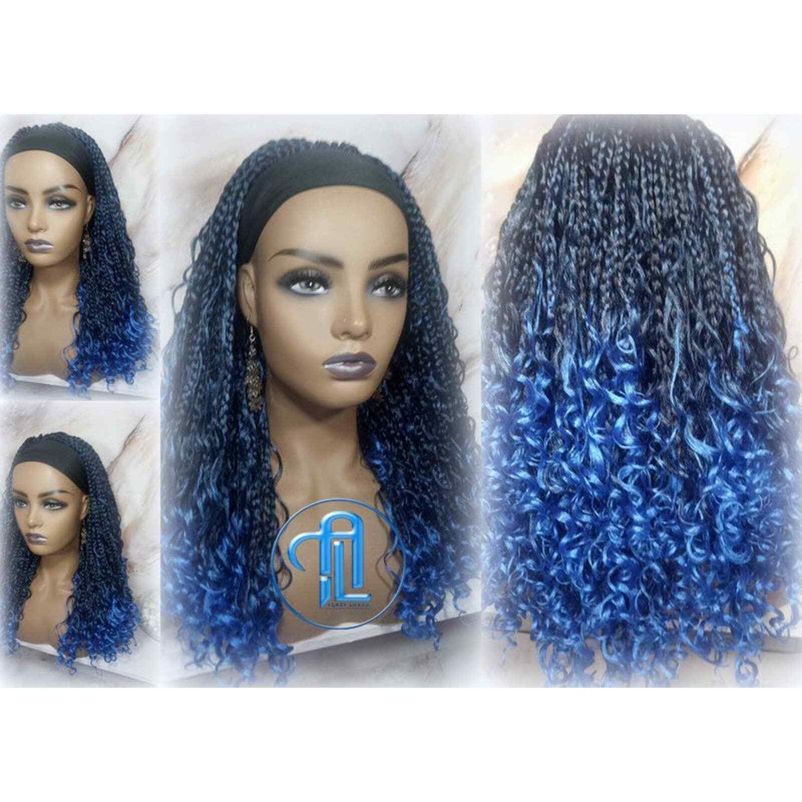 Headband Wig Blue Ombre Goddess Box Braids Mermaid Boho curly bohemian Curly