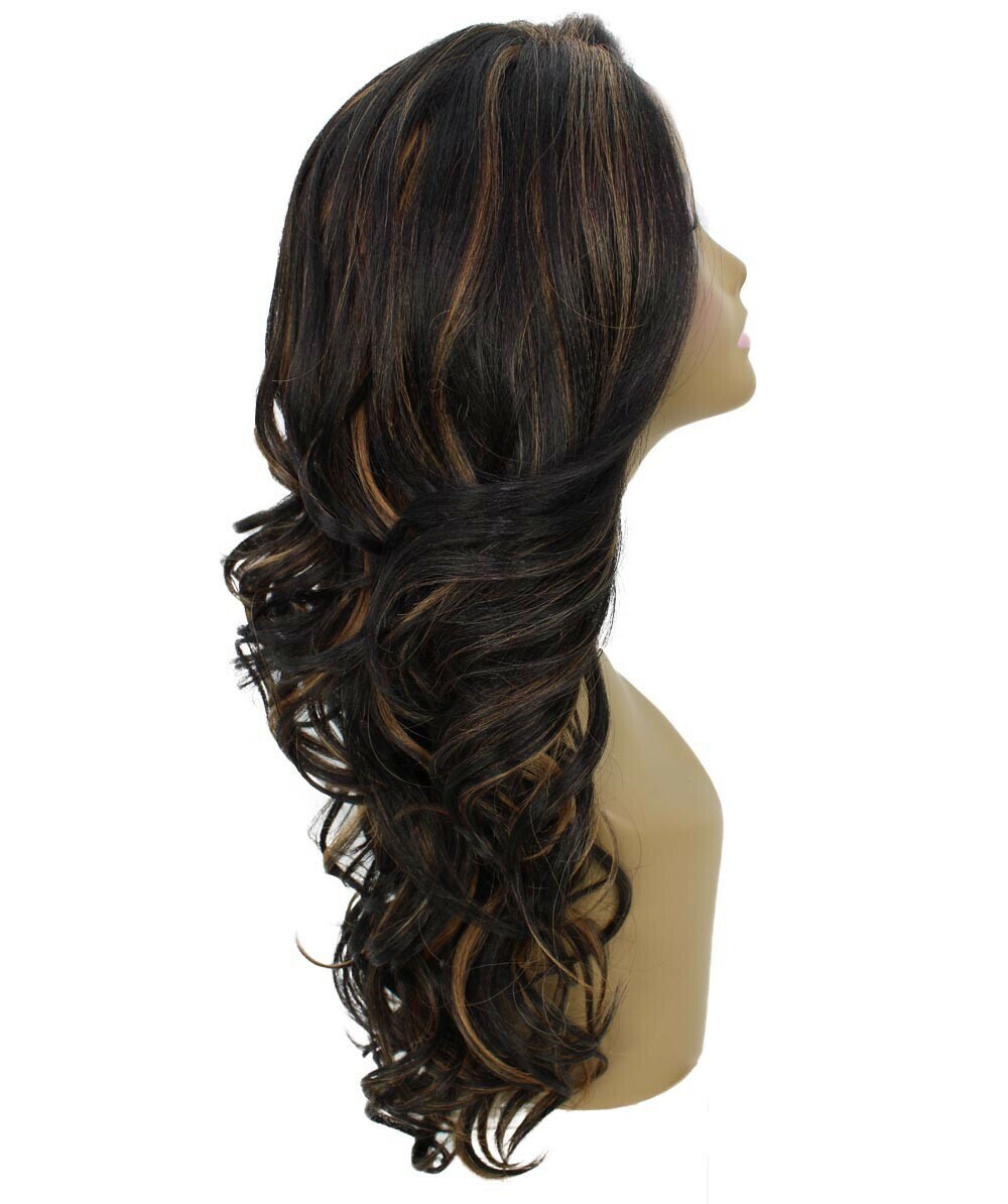 Kendra Wavy 24.5″ Long 13×2.5 Hand-Tied Lace Front,Black with Golden Highlights