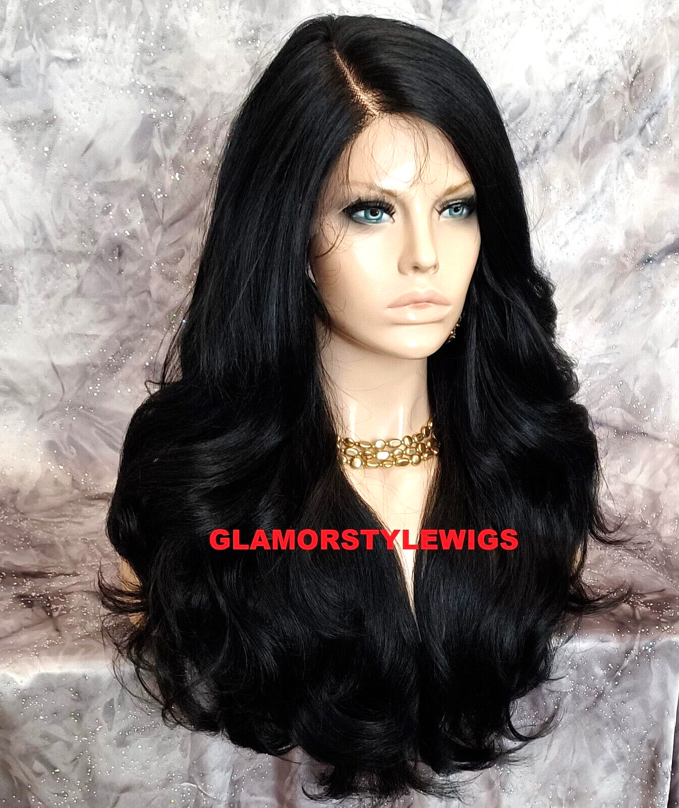 LACE FRONT FULL WIG LONG WAVY LAYERED SIDE PART OFF BLACK #1B HEAT OK NWT