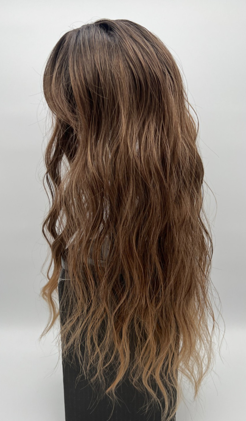 Ombre Brown Dark Roots w/ Side Bangs Long Wavy 20in Women Premium Hair Topper