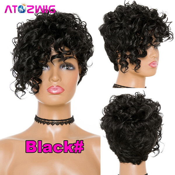 Burgundy Red Short Pixie Cut Curly Wig with Side Bangs for Women Synthetic Hair