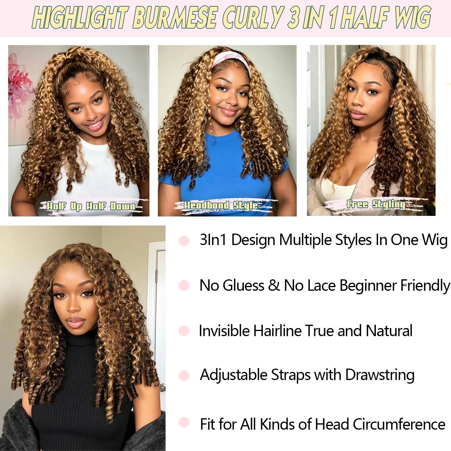 Burmese Curly Half Wig 220 Density – 3 in 1 Seamless Glueless Hair Wig 20″ P4/27