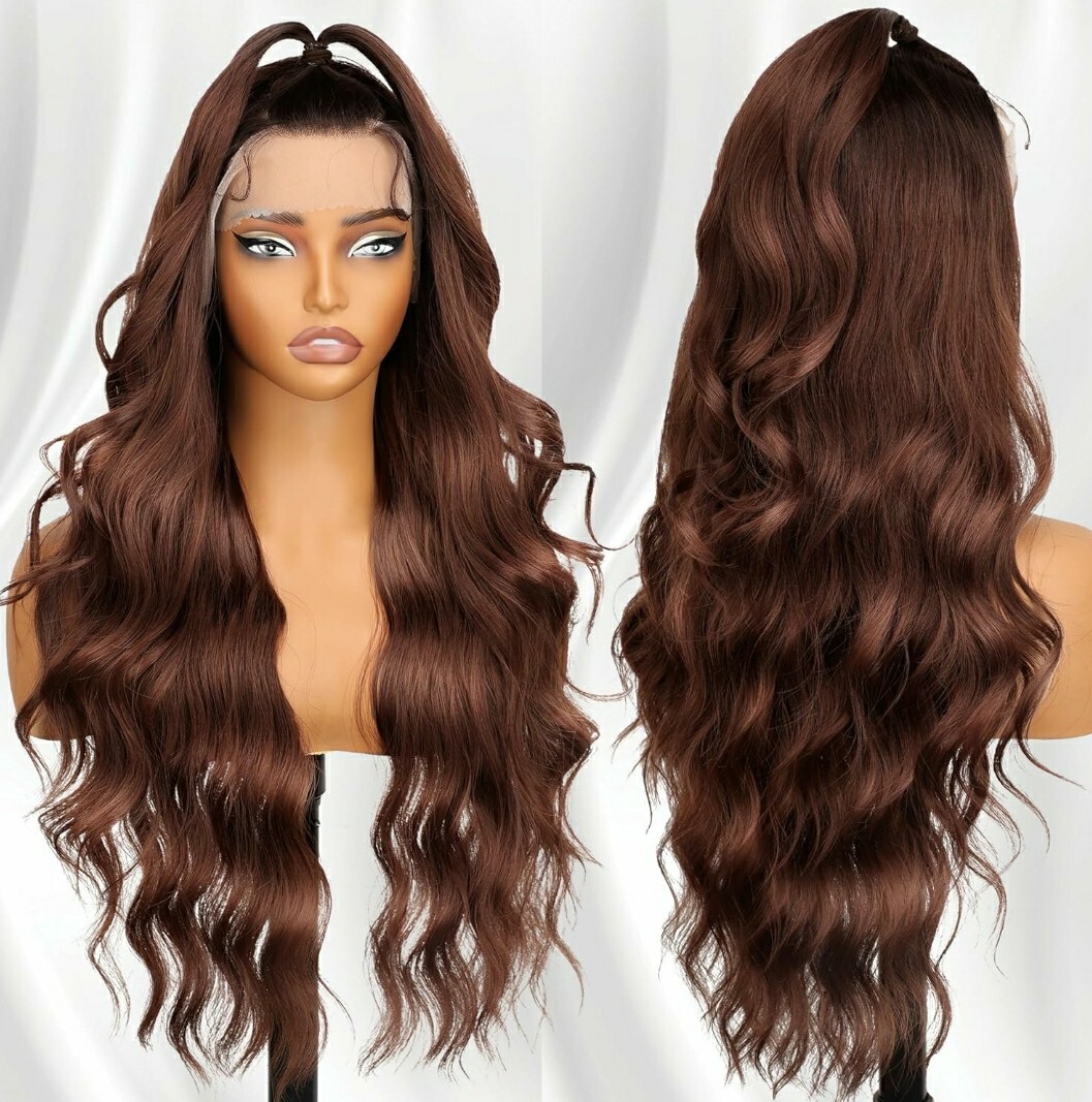 HD Lace Front Wig Human Hair Blend Highlights Curly Natural Medium BROWN