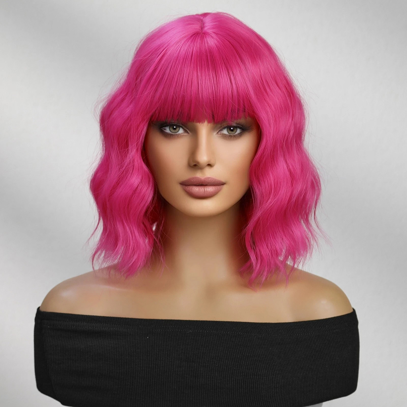 12″ Pink Short Wavy Wig with Bangs Women Curly Synthetic Hair Wig Fashion Daily