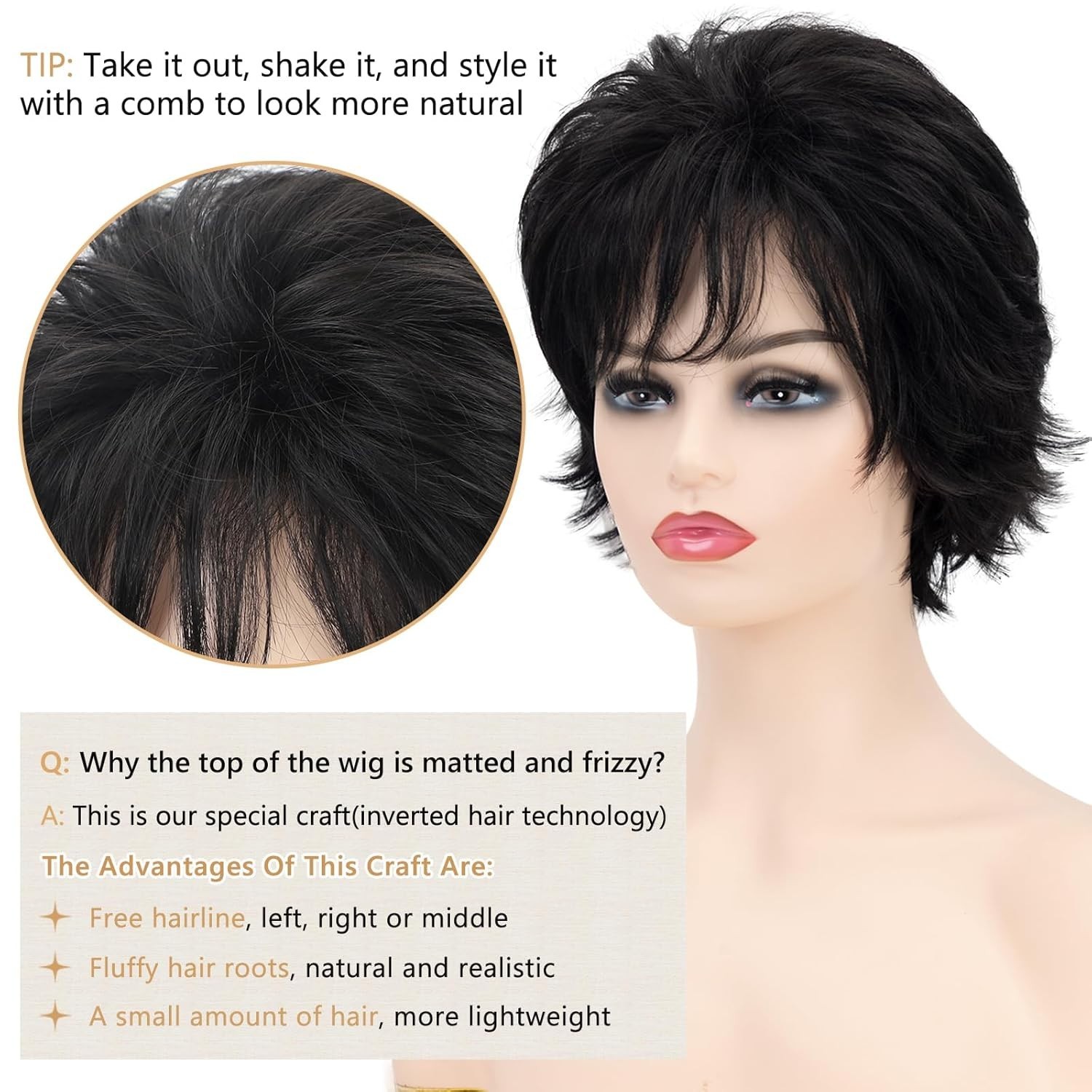 Black Short Curly Wigs for white Women Shaggy Layered Black Pixie Cut Wig wit…